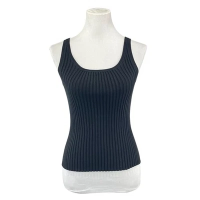 Camiseta sin mangas para mujer Cable & Gauge pequeña mezcla de seda acanalada sin mangas elástica negra Foto 1 de 4