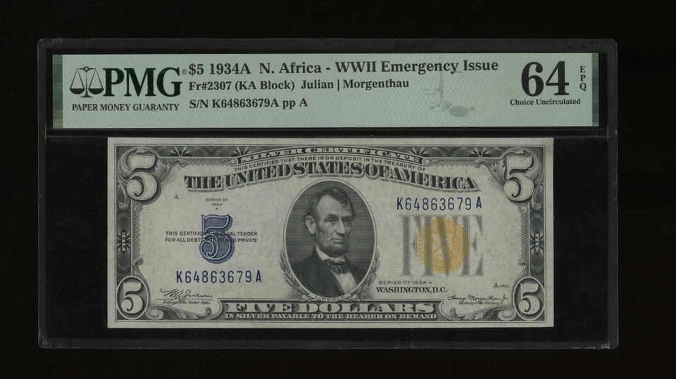 DBR 1934-A $5 Silver North Africa Fr. 2307 PMG 64 EPQ Serial K64863679A - Image 1 of 2