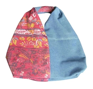 Upcycled Denim & Flowers Handmade Half & Half Boho Handbag Lined 13"x10"x4" New - Picture 1 of 12