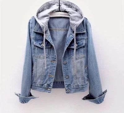 NUEVA Chaqueta de mezclilla con capucha ajustada para mujer - Azul claro informal talla L Foto 1 de 4