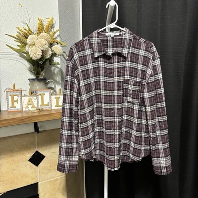 Elizabeth and James 女式格子纽扣衬衫勃艮第长袖 L 码 — 第 1/4 张图片