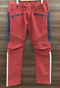 Balmain Men's Side Line Skinny Denim Jeans 32" Red S5HT551C831T - Picture 1 of 8