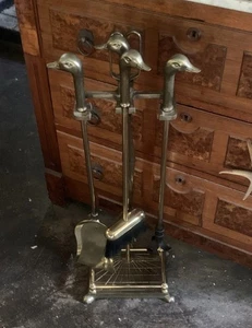 Brass Duck Head Fireplace Tool Set Vtg 1970s Mallard 5 Piece Set Stand MCM - Picture 1 of 24