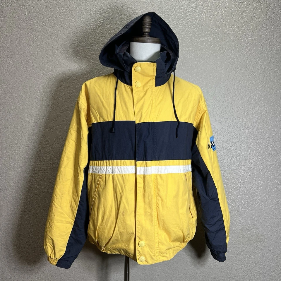 Nautica Jacket Adult Yellow Navy Green Reversible Hidden Hood Snap Zip XL - Image 1 of 4