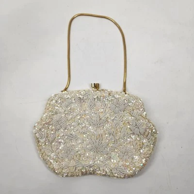 VTG Hand Beaded Cream Clutch Purse Gold chain clasp Crown Colony Hong Kong - Image 1 of 4