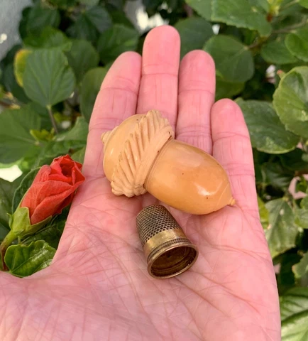 Antique Figural Thimble Holder ~ Nice Finials ~ Carved Tagua Nut & Brass Thimble Cover