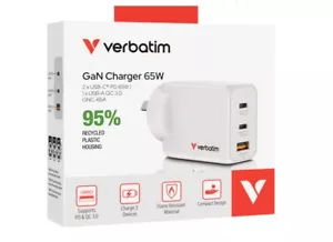 Verbatim 3 Port 65 Watt Portable GaN charger, 2 x USB-C PD 65w, 1x USB-A QC 3... - Picture 1 of 1