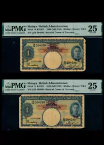1941 (ND) Malaysia & britische Verwaltung $ 1 Dollar aufeinanderfolgendes Paar PMG 25 - Bild 1 von 2