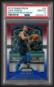 LUKA DONCIC PSA 10 RED WHITE BLUE PRIZMS #75 2ND YEAR RC SP 2019-20 PANINI PRIZM