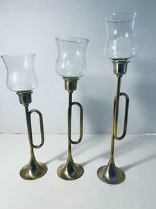 Vintage Brass Bugle Candle Holders Christmas Set of 3 (12", 11", 10") - Picture 1 of 4