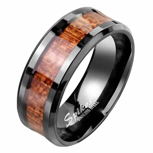 Black Stainless Steel KOA Wood Ring Mens Womens Casual Band Sizes 7-13 8mm - Picture 1 of 3