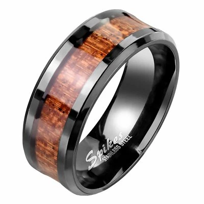Anillo de madera KOA de acero inoxidable negro para hombre y mujer banda informal tamaños 7-13 8 mm Foto 1 de 3