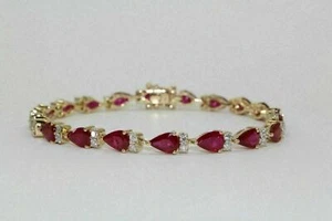 7Ct Pear Cut Red Ruby Diamond Tennis Bracelet Women 14K Yellow Gold Plated - Picture 1 of 3