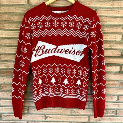 Budweiser Cerveza Hombre Pequeño Rojo Feo Navidad Suéter Copo de Nieve Pullover Tejido Foto 1 de 4