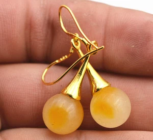Beautiful Natural yellow Jade Gemstone 925 Silver Drop/Dangle Earrings - Picture 1 of 2