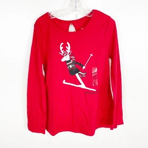 NWT Justice Girls Top Size 7 Long Sleeve Red Happy Holidays Skiing Reindeer - Picture 1 of 7