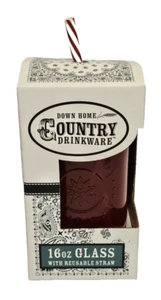 Down Home Country Drinkware 16 oz. Glass With Straw & Name Tag New In Box - Red - Picture 1 of 6