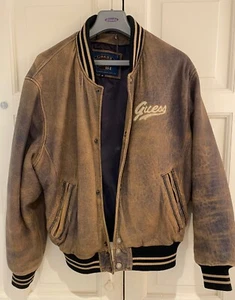 GUESS genuine vintage varsity style Antiqued leather bomber jacket - Picture 1 of 9