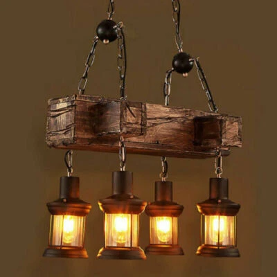 Rustic 4 Heads Chandelier Wood Industrial Ceiling Lamp Pendant Light Fixture USA - Image 1 of 4