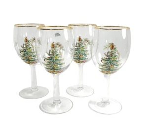 4 copas de vino con pedestal de árbol de Navidad Spode con borde dorado - 7 1/4" de alto - Imagen 1 de 9