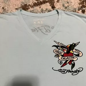 Ed Hardy True Til Death V Neck Shirt Size XXL Embroidered Baby Blue PIT STAINS - Picture 1 of 7