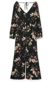 Country Road Womens Jumpsuit Black Floral Wide Leg Pockets Long Sleeve Size 14 - Picture 1 of 6