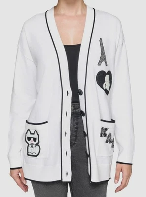 Cárdigan universitario Karl Lagerfeld Paris para mujer blanco adornado suéter talla XL Foto 1 de 2
