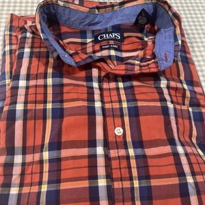 CHAPS Stretch Easy Care Orange Blue Plaid Long Sleeve Shirt Mens XXL Button Up - Picture 1 of 6
