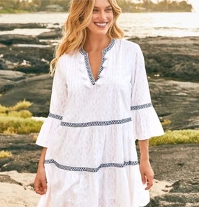 Tommy Bahama White Embroidered Cover-Up Dress S Cotton Tiered Beach Resort Boho - Picture 1 of 16