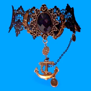 BLACK NAUTICAL LACE CHOKER Rockabilly steampunk anchor sailor gothic necklace K2 - Picture 1 of 3