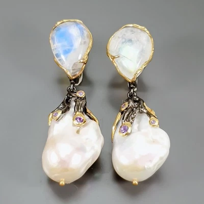 Pendientes de perlas barrocas naturales hechos a mano de plata de ley 925/E129421 Foto 1 de 4