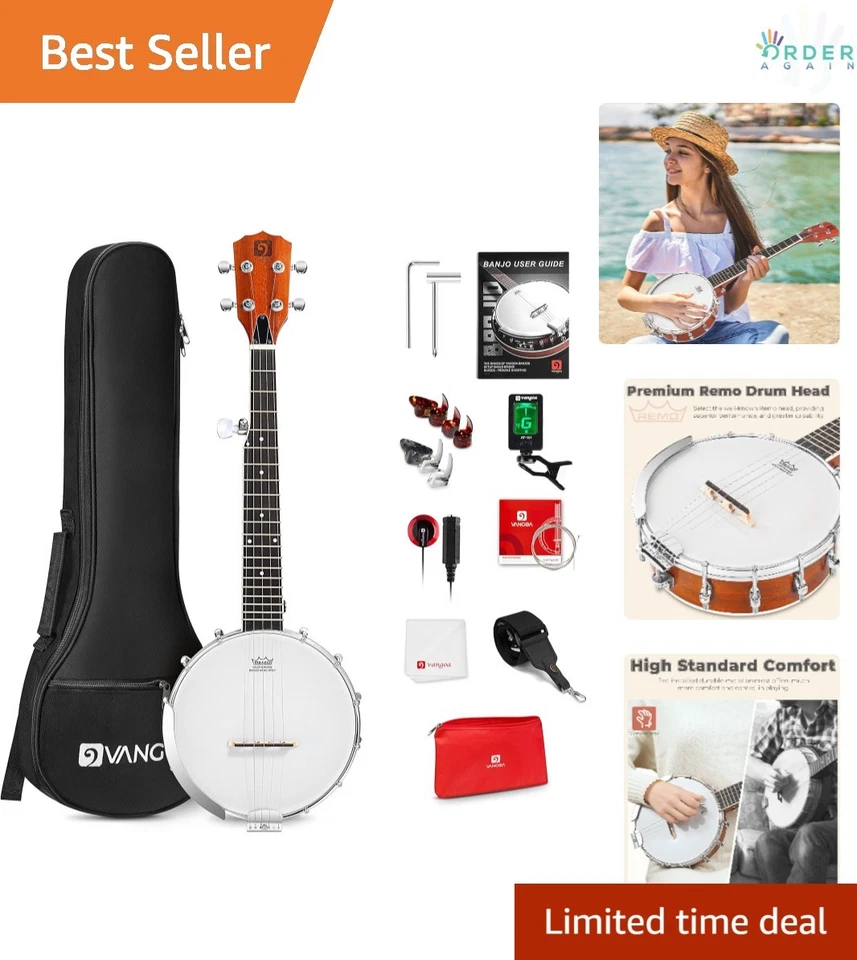 Vangoa 5 String Banjo Mini Closed Solid Back With Beginner Kit Tuner Strap