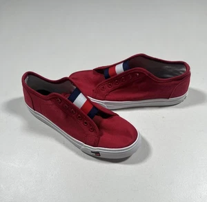 Scarpe Tommy Hilfiger taglia 7,5 rosse tela slip on righe elastiche casual - Foto 1 di 8
