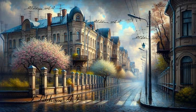 Quadro de arte digital estilo paisagem urbana pintura a óleo papel de parede decoração de mesa - Imagem 1 de 2