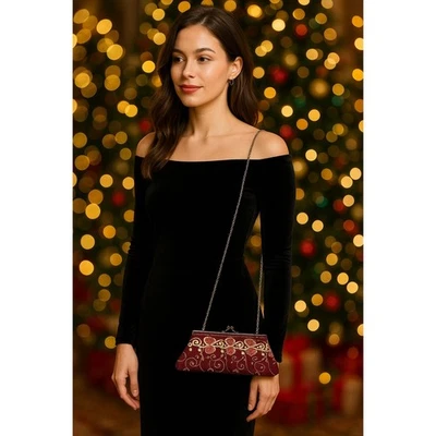 Embellished Burgundy Clutch Evening Bag Boho Chain Strap Rhinestones Beads - Image 1 of 4