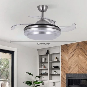 42" Retractable Ceiling Fan Lamp 3 Color LED Chandelier Light W/ Remote New - Picture 1 of 11