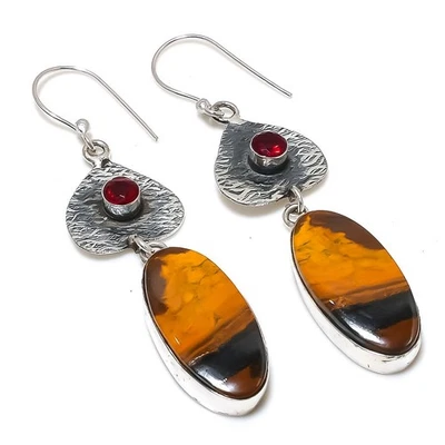 Natural Tiger Eye, Garnet Gemstone 925 Sterling Silver Earring 2.76" Gift r804 - Image 1 of 4