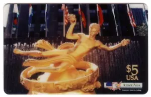 $5. Tarjeta telefónica dorada estatua de Prometeo en el Rockefeller Center de la ciudad de Nueva York - Imagen 1 de 1