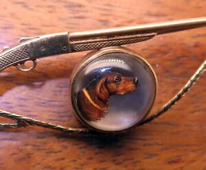 Vintage 14k gold ENGLAND ESSEX GLASS HUNTING DOG INTAGLIO REVERSE CRYSTAL pin