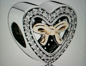 Pandora 'Bound By Love' Charm Bow Heart 14K SSilver CZ Bead 4Bracelet Pendant - Picture 1 of 11