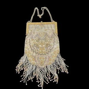 Antik Jugendstil Gold Französisch Stahl Mikro Perlen Floral Fransen Tasche Handtasche 11" - Bild 1 von 12
