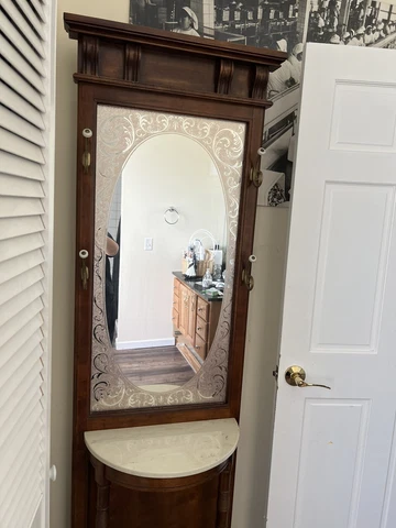 Vintage 1970s Mahogany Wood Demilune Hall Tree with Mirror Cover