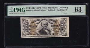 US 50c Fractional Currency Note Autographed Red Back FR 1329 PMG 63 (005) - Picture 1 of 2