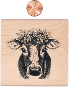 Inkadinkado Floral Cow Red Rubber Wood Stamp 3" x 3" Farm Rustic Farmhouse - Picture 1 of 1