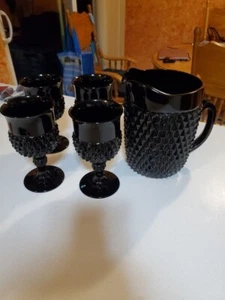 Tiara Cameo Black Diamond Point Vintage Glass Water Goblets Set of 4 and Pitcher - Picture 1 of 4