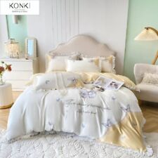 Butterfly Embroidery Ice Silk Queen King Duvet Cover Ruffle Bedding Set Yellow