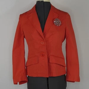 Karen Millen England Fitted Short Orange Cotton Blazer Brooch sz 4 Long Sleeves - Picture 1 of 20