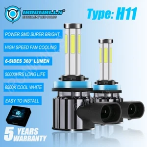 Pair 6-Sides H11 LED Headlight Kit Low Beam Bulbs Super Bright 6500K Free Return - Picture 1 of 12