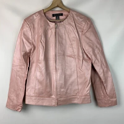Dialogue Jacket Pink Leather Collarless Zip Pockets Lined Size XL NEW - Image 1 of 4