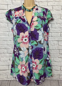 MONSOON 14 Vgc Purple/Green Floral Short Sleeve Longline Blouse - Picture 1 of 12